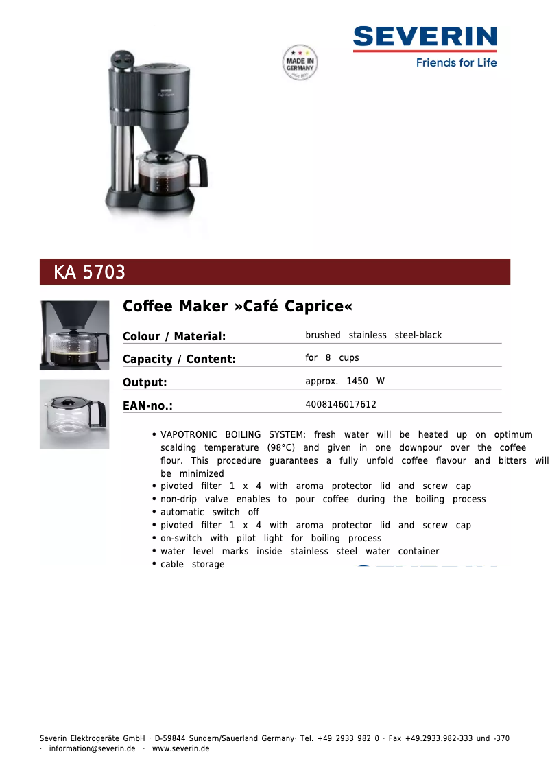 Page 1 de la notice Fiche technique Severin KA 5703
