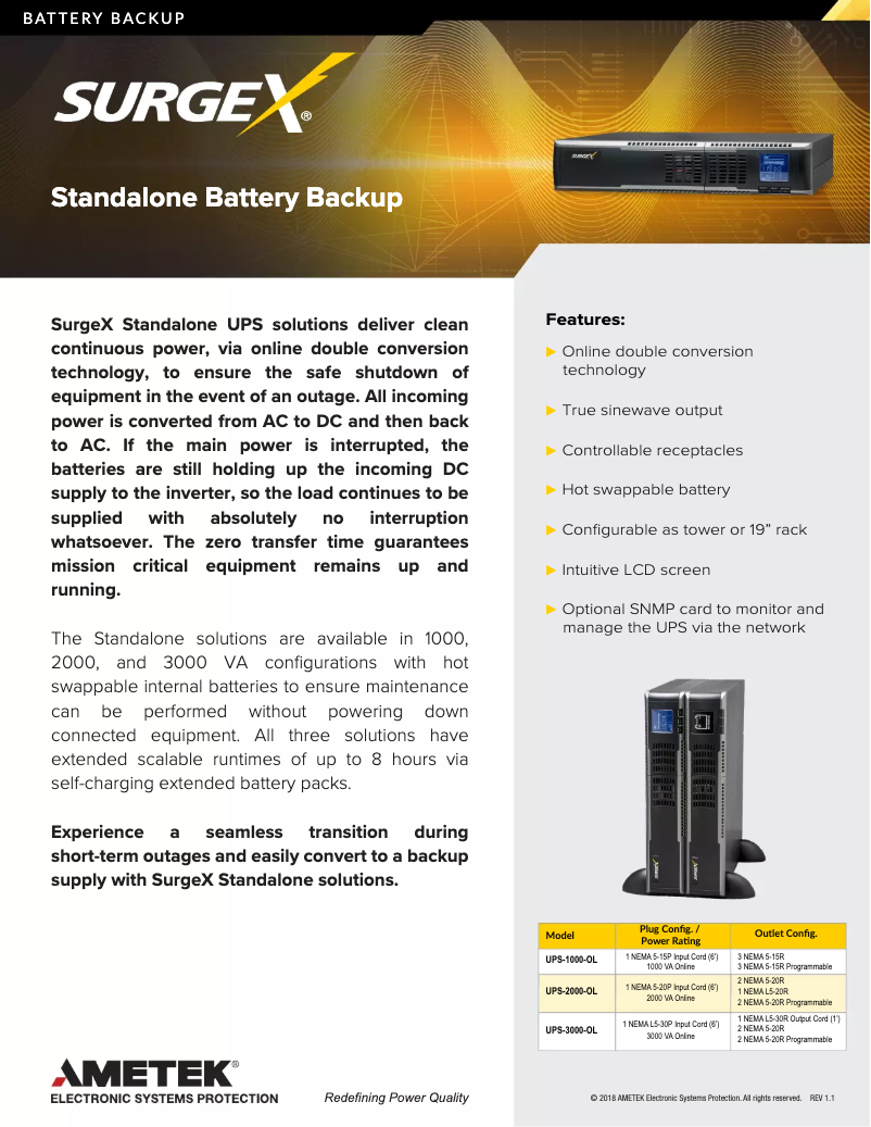Page 1 de la notice Fiche technique SurgeX UPS-1000-OL