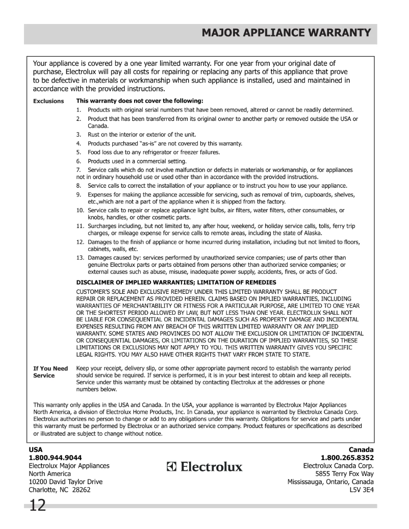 Page 1 de la notice Informations de garantie Frigidaire FFWC3822QS