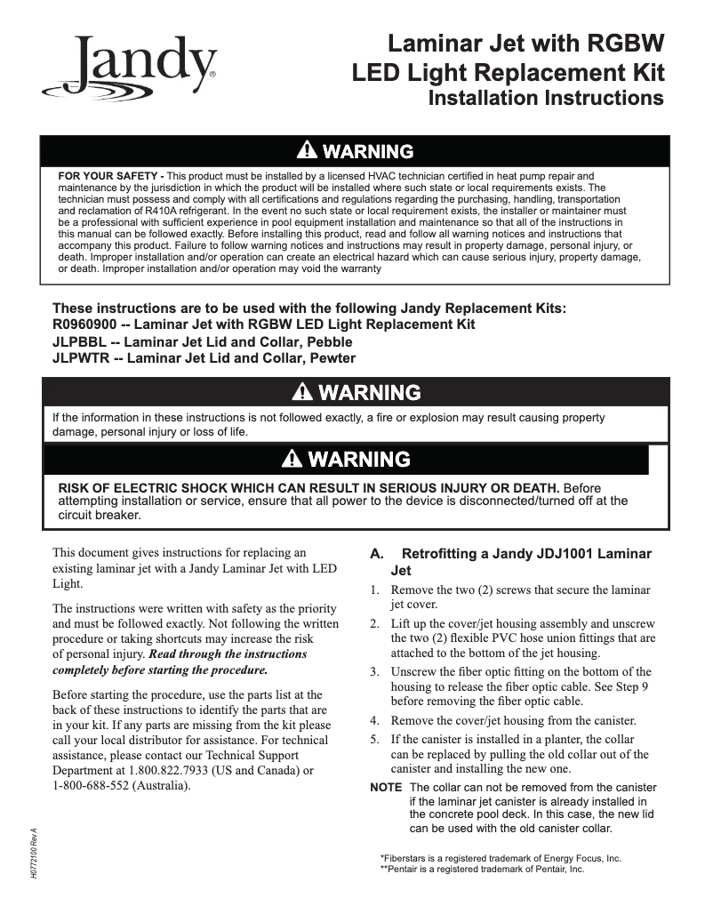 Page 1 de la notice Guide d'installation JANDY Laminar Jets