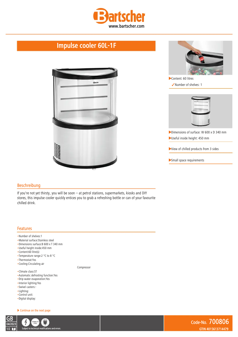 Página 1 del manual Ficha técnica Bartscher 700806