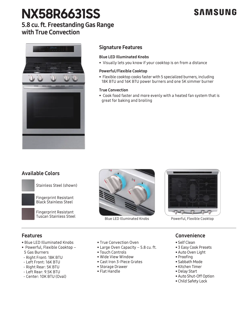 Page 1 de la notice Fiche technique Samsung NX58R6631SS/AA