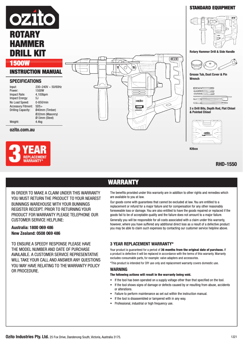 Page 1 de la notice Manuel utilisateur Ozito RHD-1550