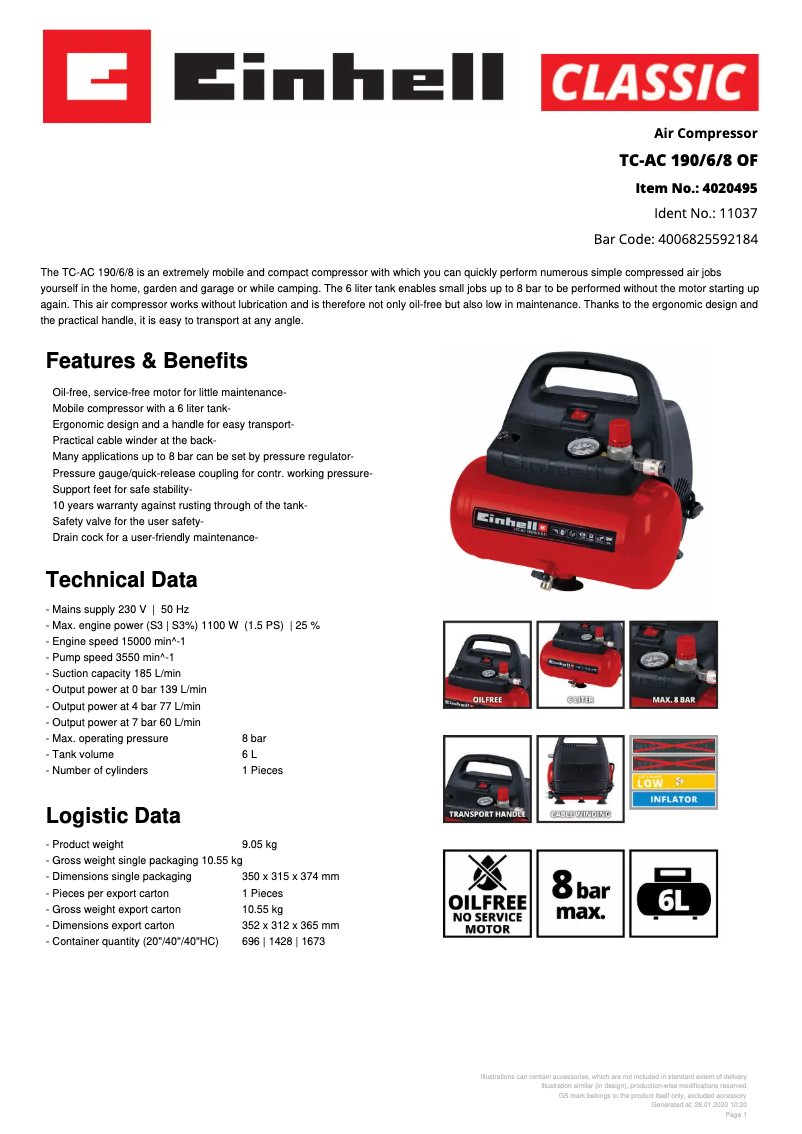Page n°1 - Fiche technique Einhell TC-AC 190/6/8 OF