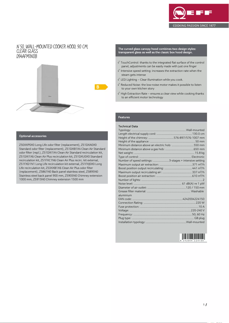 Page 1 de la notice Fiche technique Neff D94AFM1N0B