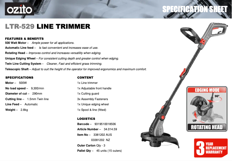 Page 1 de la notice Fiche technique Ozito LTR-529