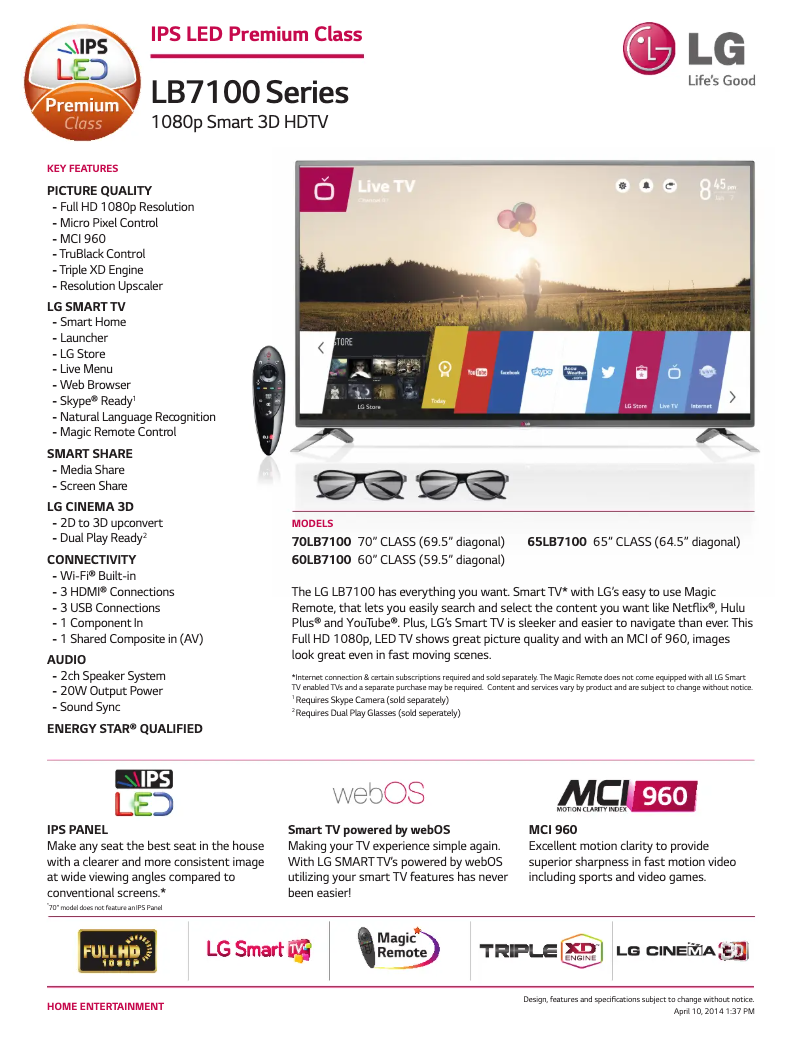 Página 1 del manual Ficha técnica LG 65LB7100