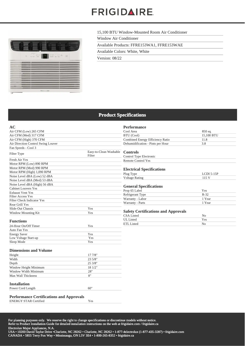 Page 1 de la notice Fiche technique Frigidaire FFRE153WAE