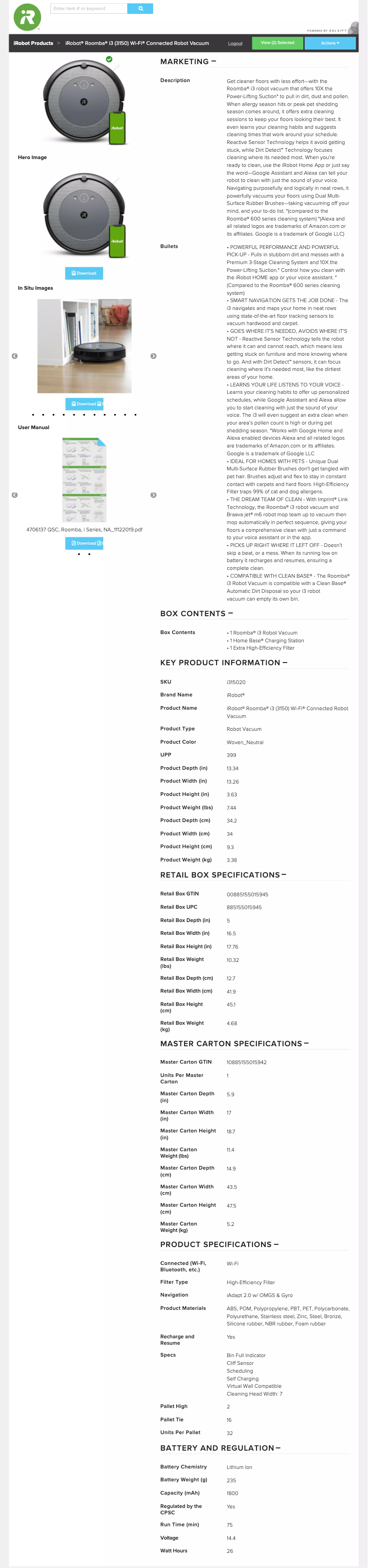 Page 1 of the manual Technical Sheet iRobot Roomba i3