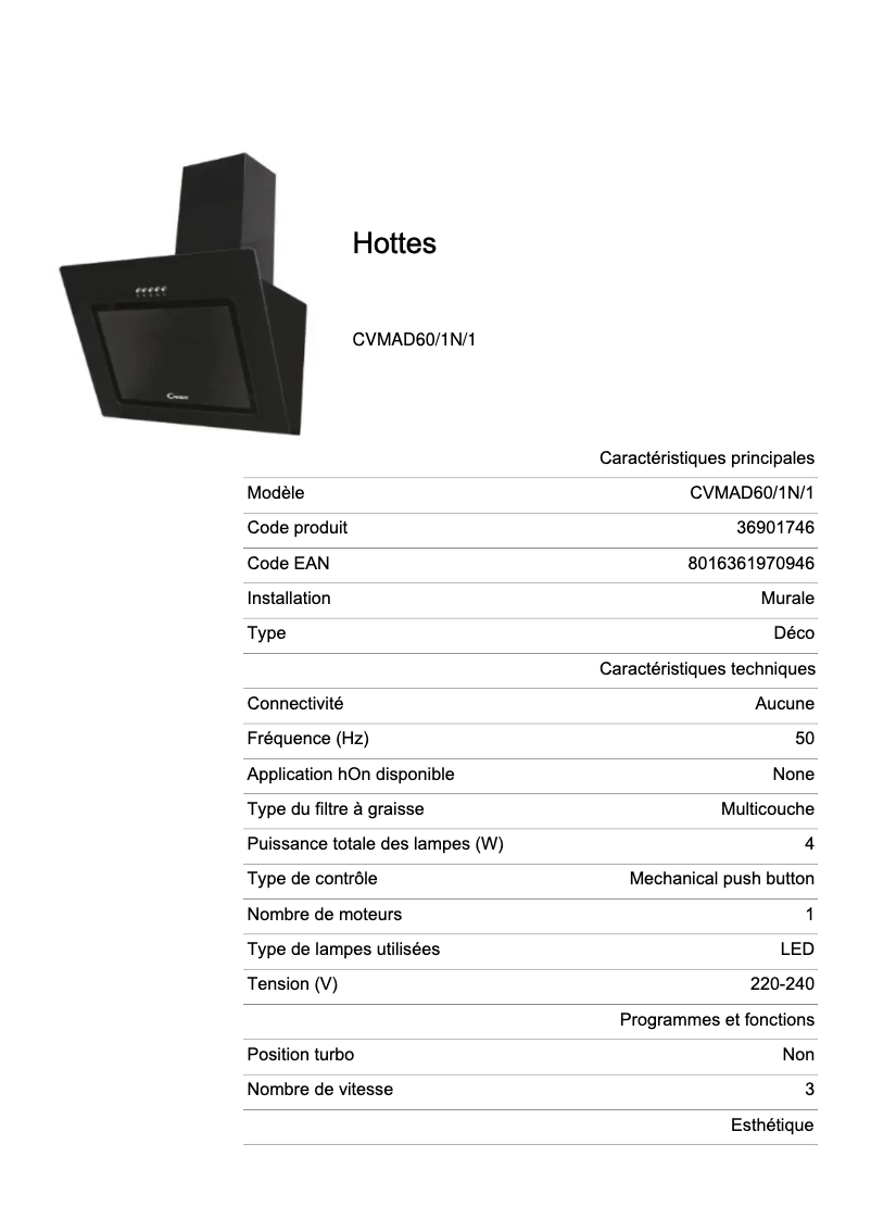 Page 1 de la notice Fiche technique Candy CVMAD60/1N/1