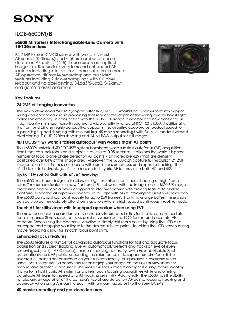 Page n°1 - Fiche technique Sony Alpha A6500