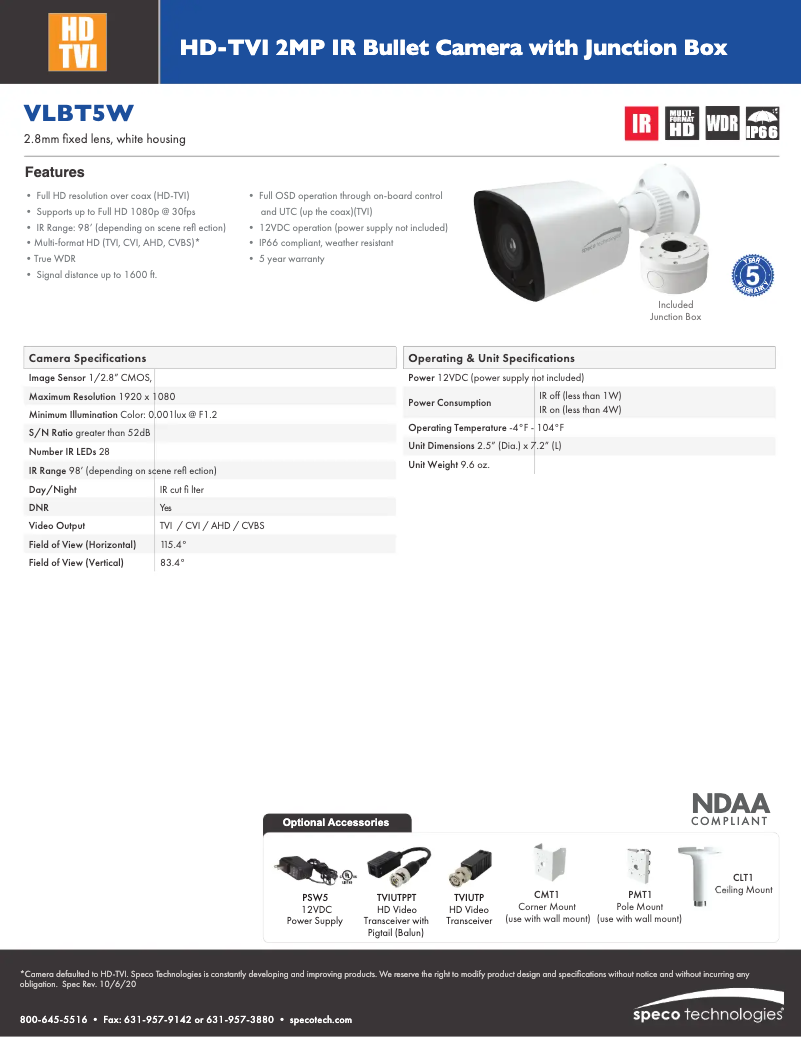 Page 1 de la notice Fiche technique Speco Technologies VLBT5W