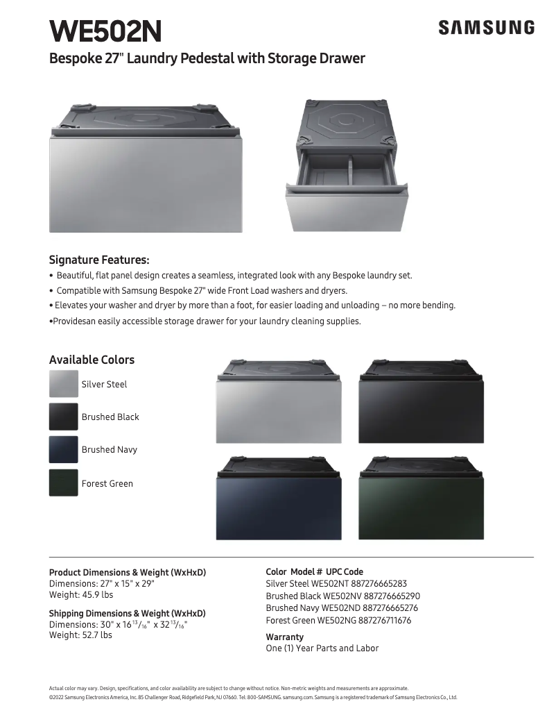 Page 1 de la notice Fiche technique Samsung WE502NG