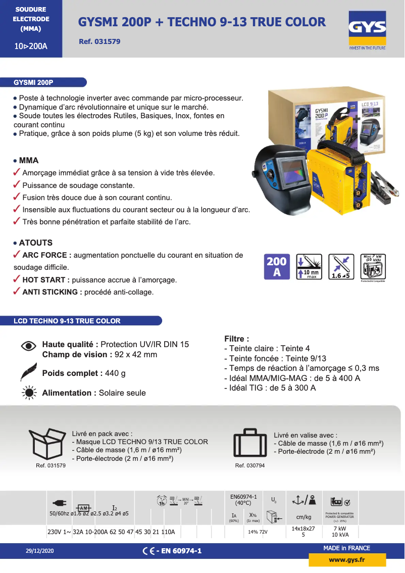 Page n°1 - Fiche technique GYS GYSMI 200P