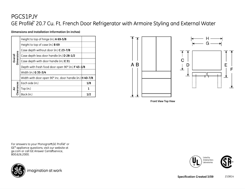 Page 1 de la notice Fiche technique GE PGCS1PJYSS