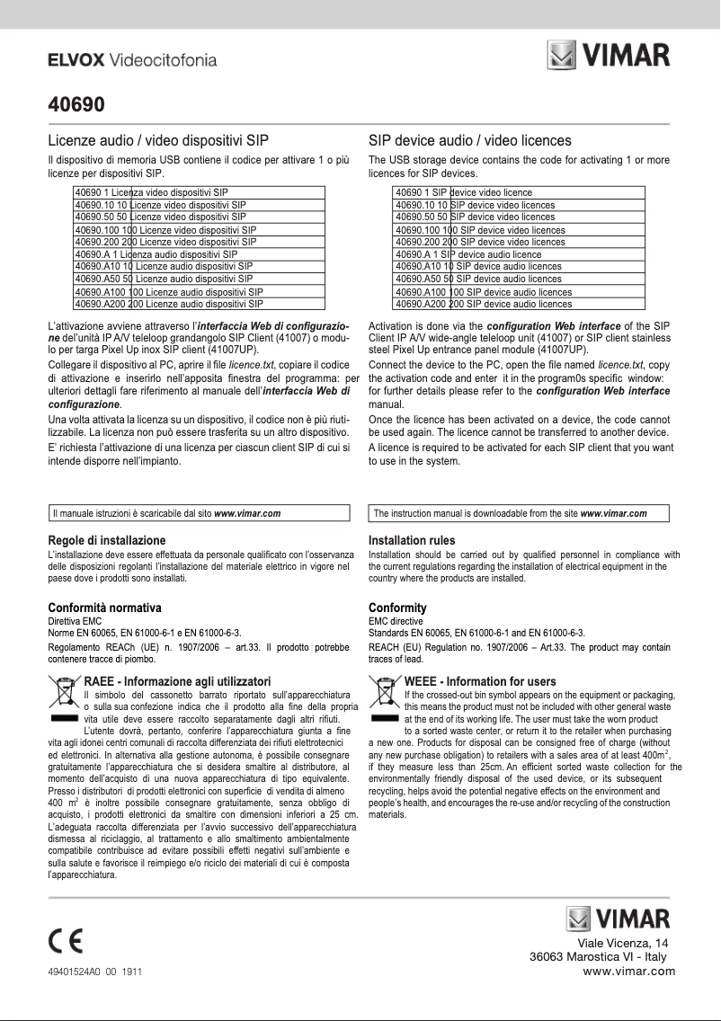 Page n°1 - Manuel utilisateur Vimar ELVOX 40690.100