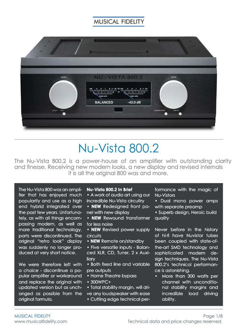 Page 1 de la notice Fiche technique Musical Fidelity Nu-Vista 800.2