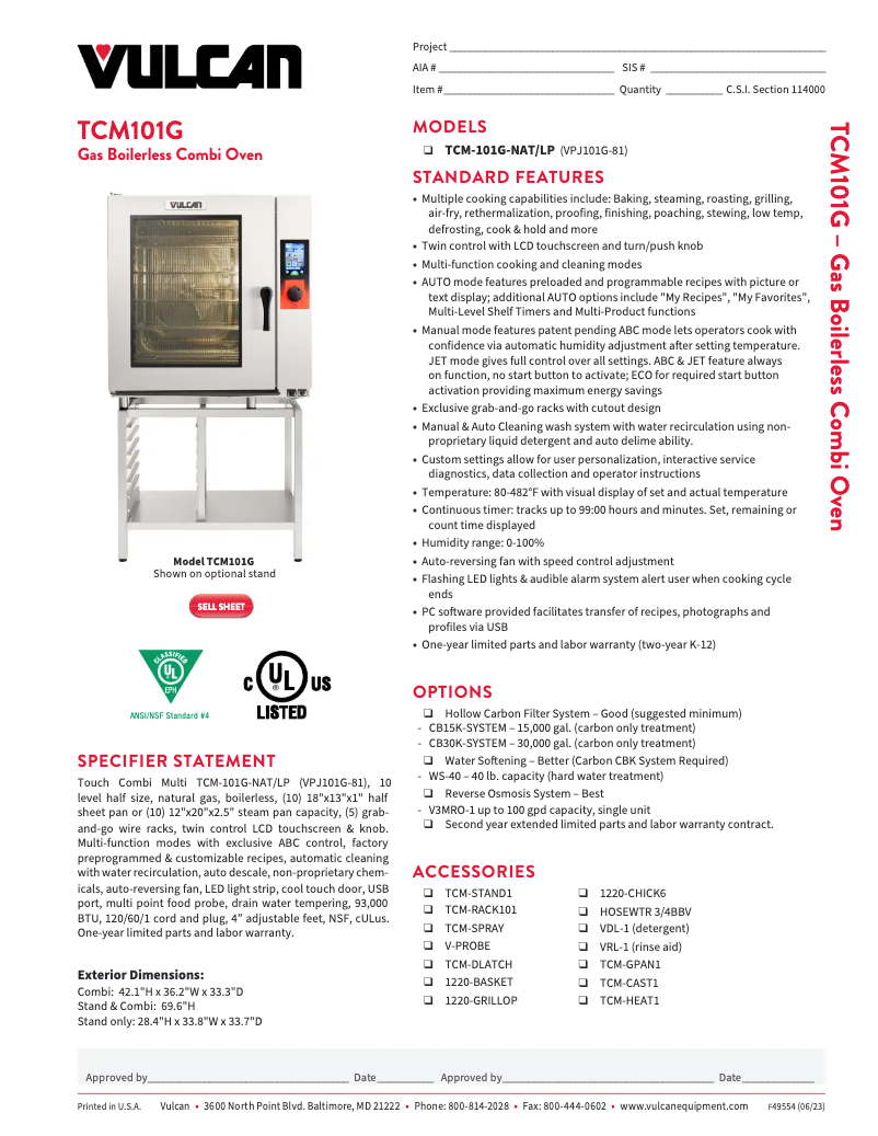 Page 1 de la notice Fiche technique Vulcan TCM-101G