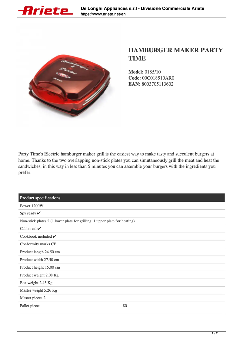 Page 1 de la notice Fiche technique Ariete Hamburger Maker Party Time 185