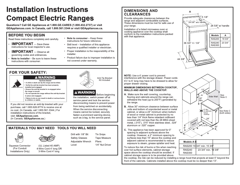 Page 1 of the manual Installation Guide GE RAS200DMWW