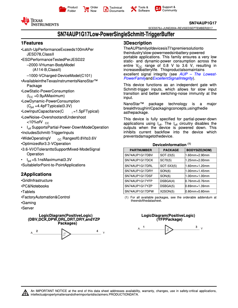 Image de la première page du manuel de l'appareil SN74AUP1G17DCKR