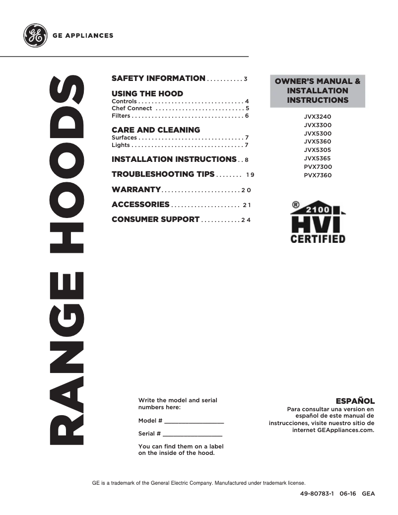 Page 1 de la notice Manuel utilisateur GE JVX3240DJWW