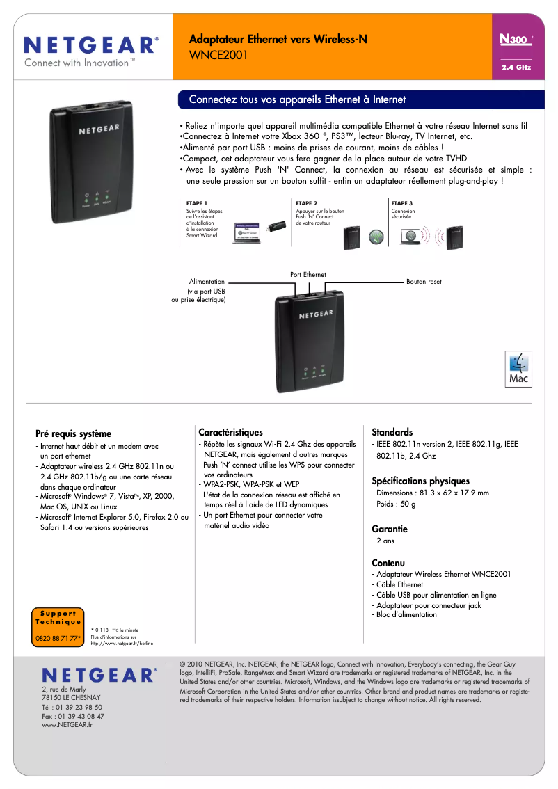 Page 1 de la notice Fiche technique Netgear WNCE2001