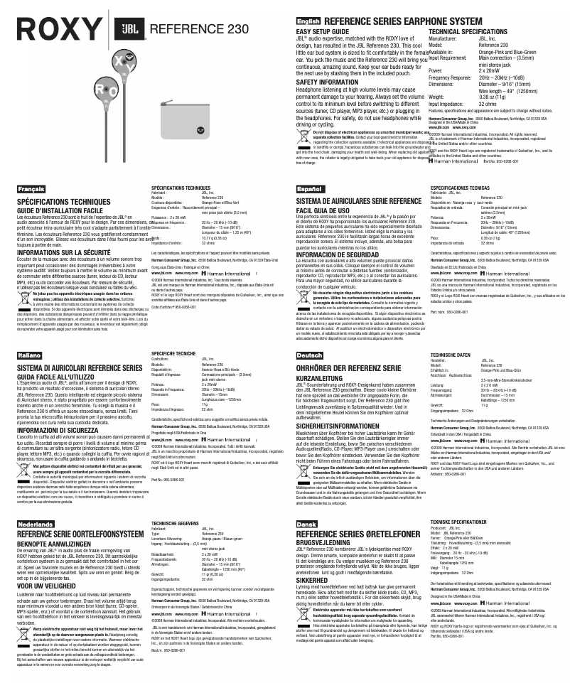 Page 1 de la notice Manuel utilisateur JBL Roxy Reference 230