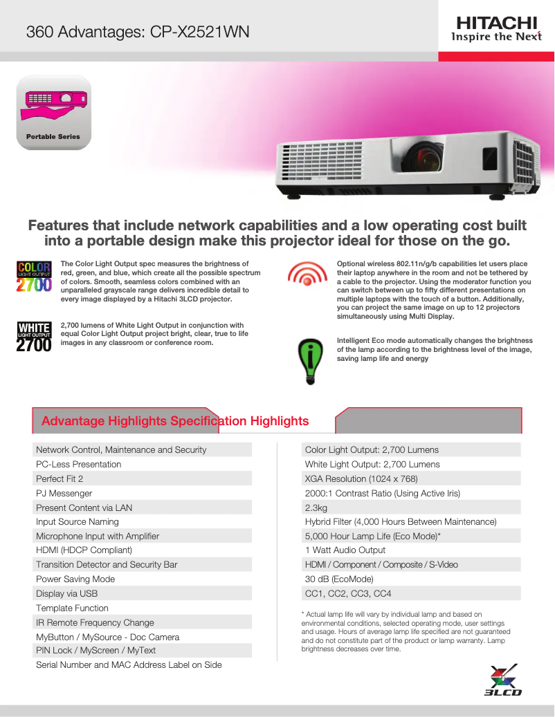 Page 1 de la notice Fiche technique Hitachi CP-X2521WN