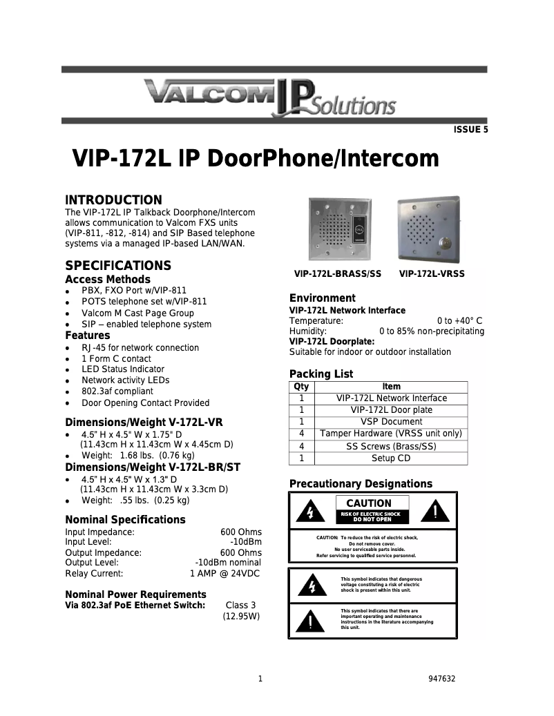 Image de la première page du manuel de l'appareil VIP-172L
