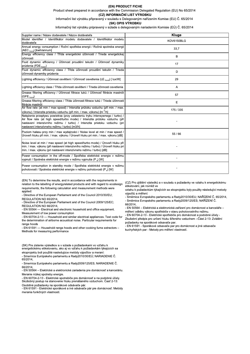 Página 1 del manual Ficha técnica Kluge KOV6150BLG