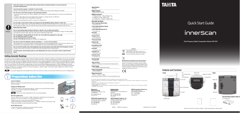 Page 1 de la notice Guide de démarrage rapide Tanita RD-545HR