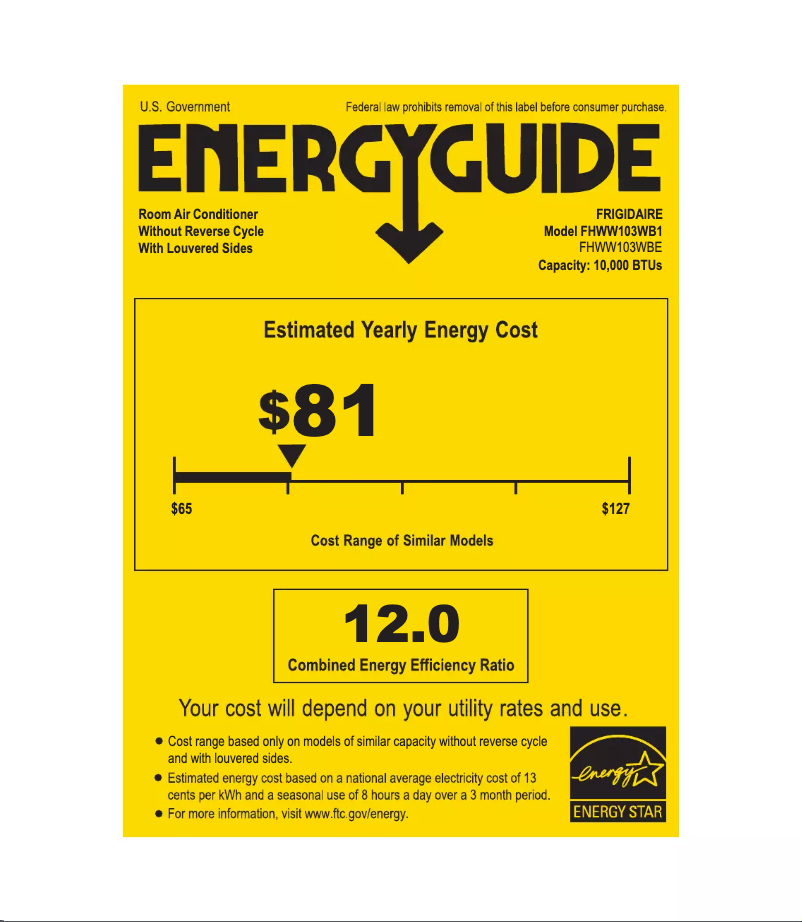Page 1 de la notice Label énergétique Frigidaire FHWW103WBE