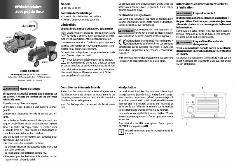 Page 1 de la notice Manuel utilisateur LightZone GT-TK-01