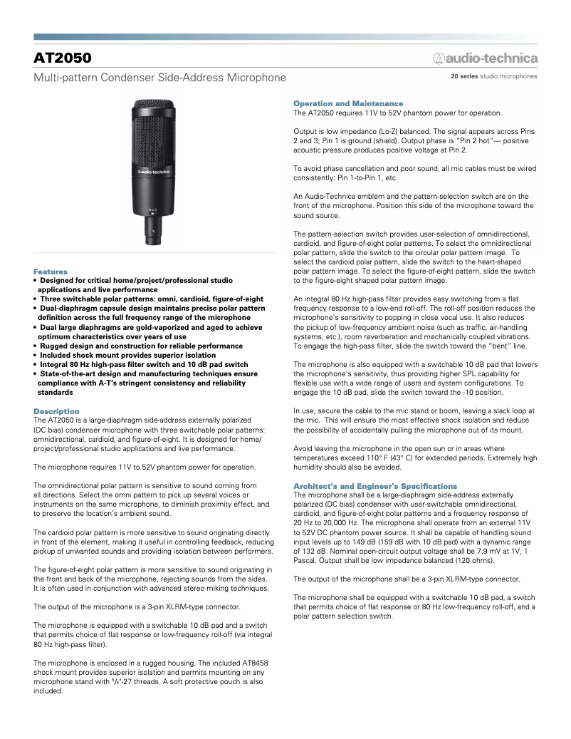 Page 1 de la notice Fiche technique Audio-Technica AT2035