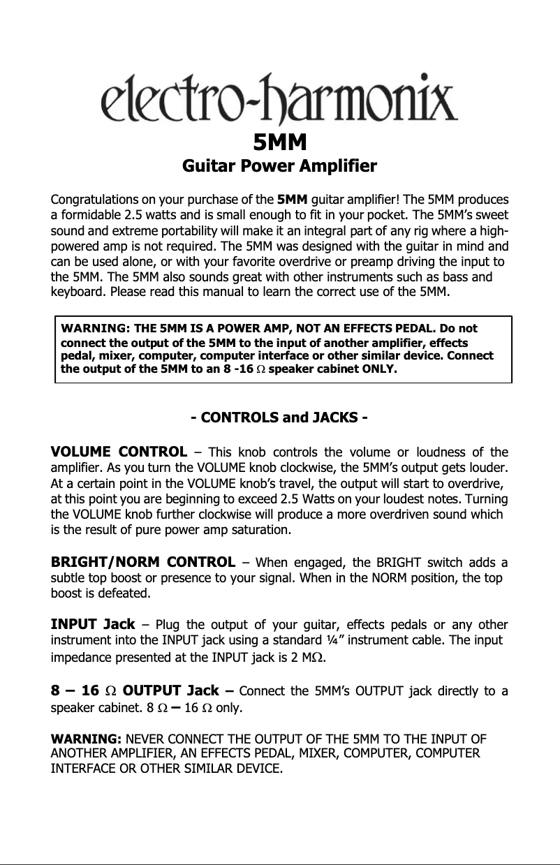 Page 1 de la notice Manuel utilisateur Electro Harmonix 5MM