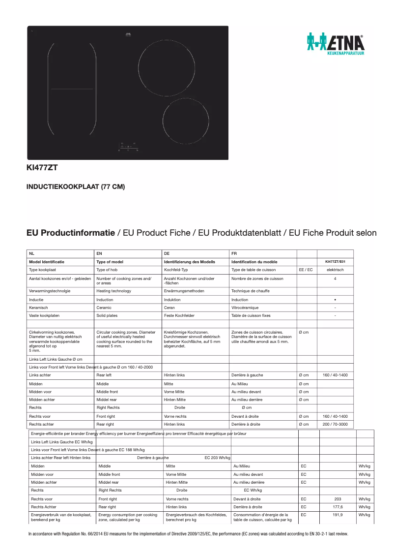 Page 1 de la notice Fiche technique Etna KI477ZT