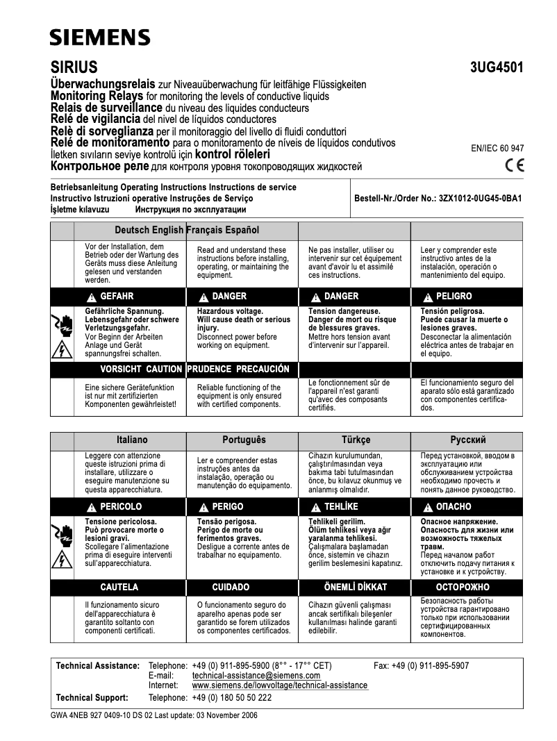Page n°1 - Manuel utilisateur Siemens 3UG4501