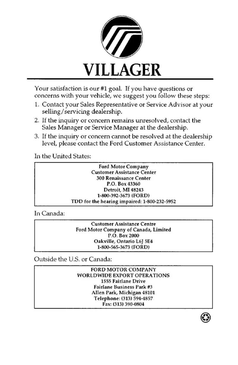 Page 1 de la notice Mode d'emploi Mercury Villager (1997)