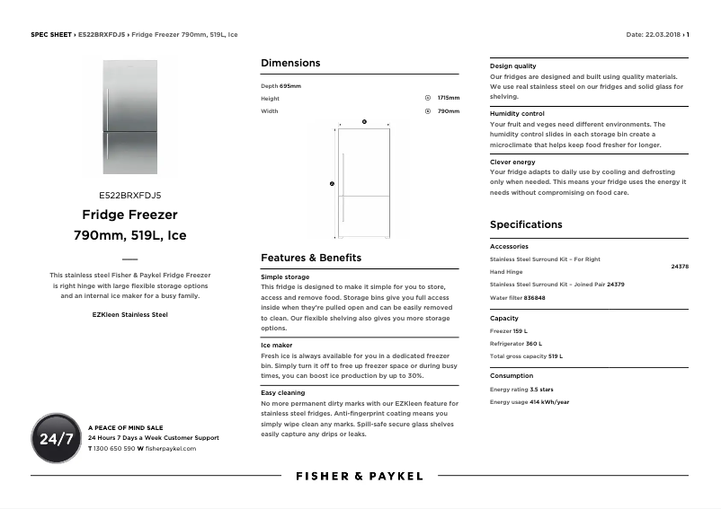 Page n°1 - Fiche technique Fisher & Paykel E522BRXFDJ5