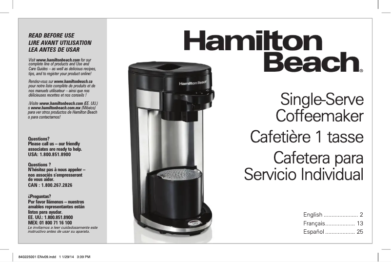Page 1 de la notice Manuel utilisateur Hamilton Beach 49995RC