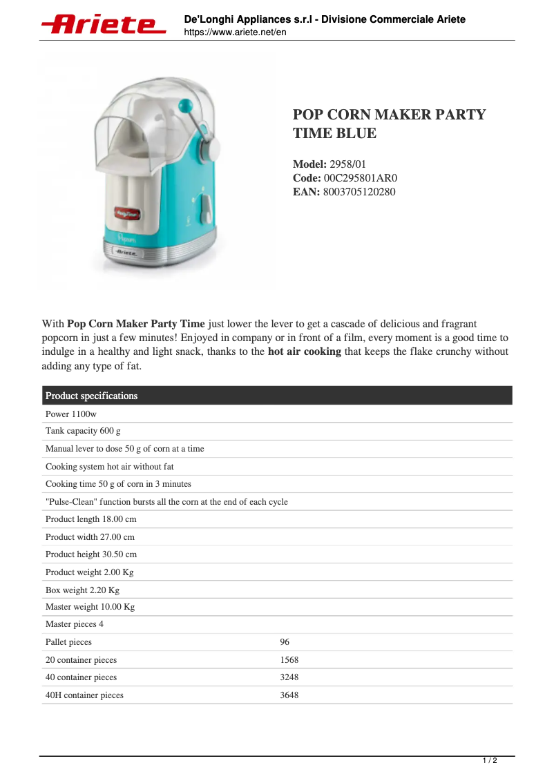 Image de la première page du manuel de l'appareil Pop Corn Maker Party Time 2958