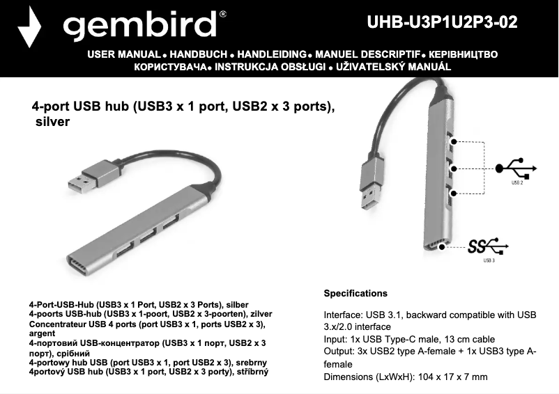 Page 1 de la notice Manuel utilisateur Gembird UHB-U3P1U2P3-02
