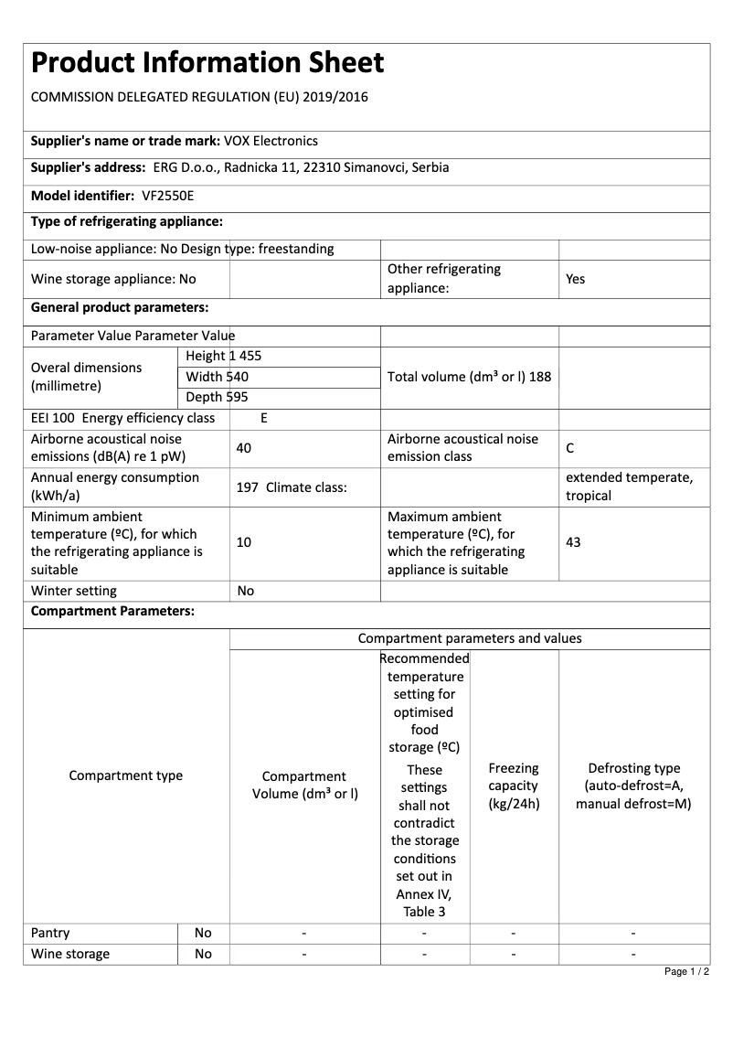 Page 1 de la notice Fiche technique VOX VF2550E