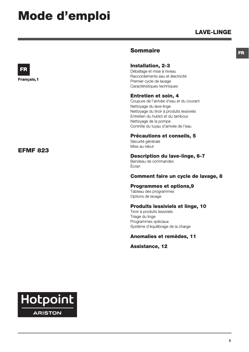Page 1 de la notice Manuel utilisateur Hotpoint Ariston EFMF 823 FR