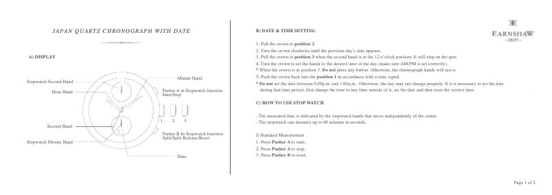 Page 1 de la notice Manuel utilisateur Earnshaw Bauer Fumée Chronograph ES-8094-02