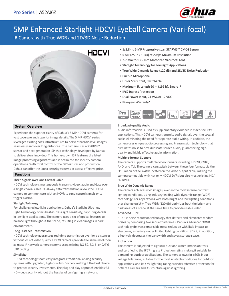 Page 1 de la notice Fiche technique Dahua Technology A52AJ6Z