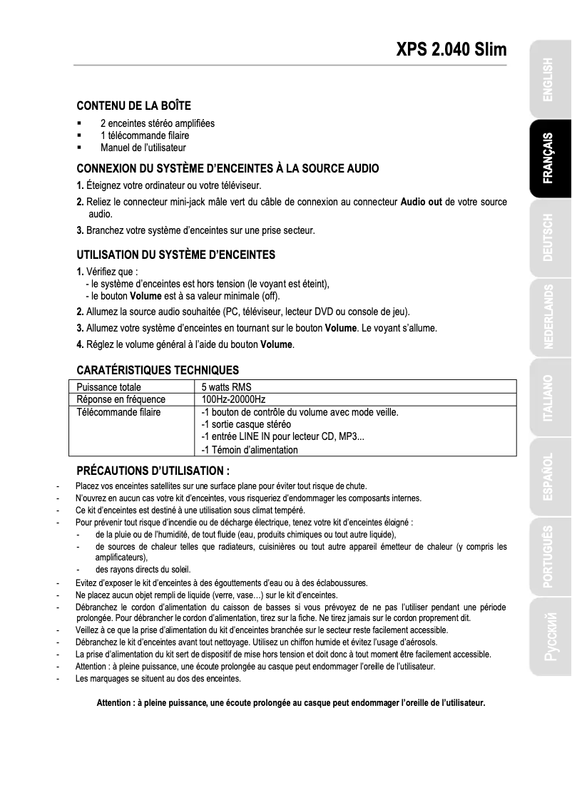 Page n°1 - Manuel utilisateur Hercules XPS 2.0 40 Slim