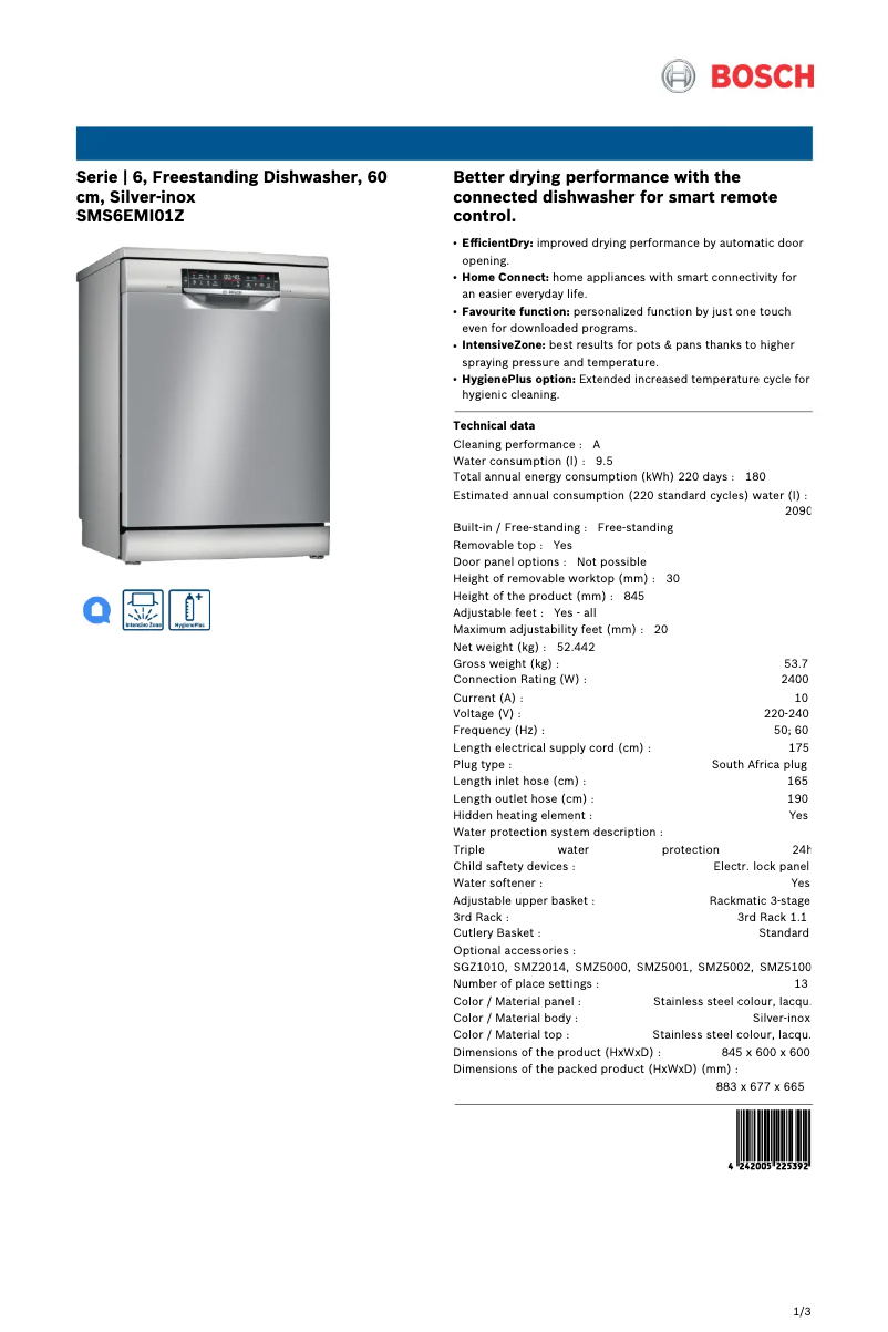 Page 1 de la notice Fiche technique Bosch SMS6EMI01Z
