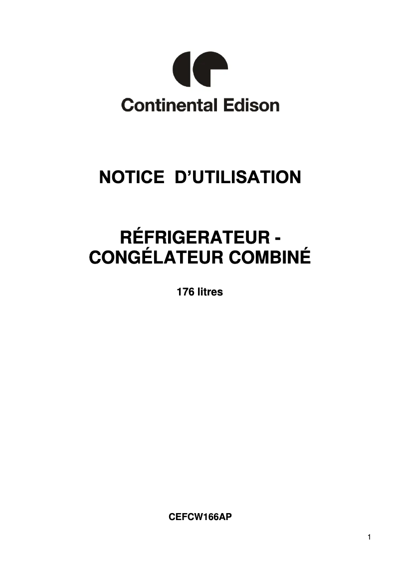 Page 1 de la notice Manuel utilisateur Continental Edison CEFCW166AP